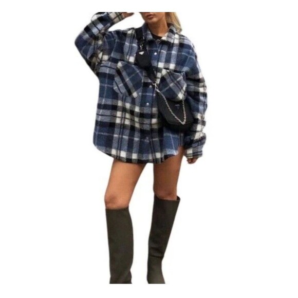 Zara Jackets & Blazers - Zara Womens Overshirt Jacket Size XL Wool Blend Blue Check Plaid Oversized Boxy